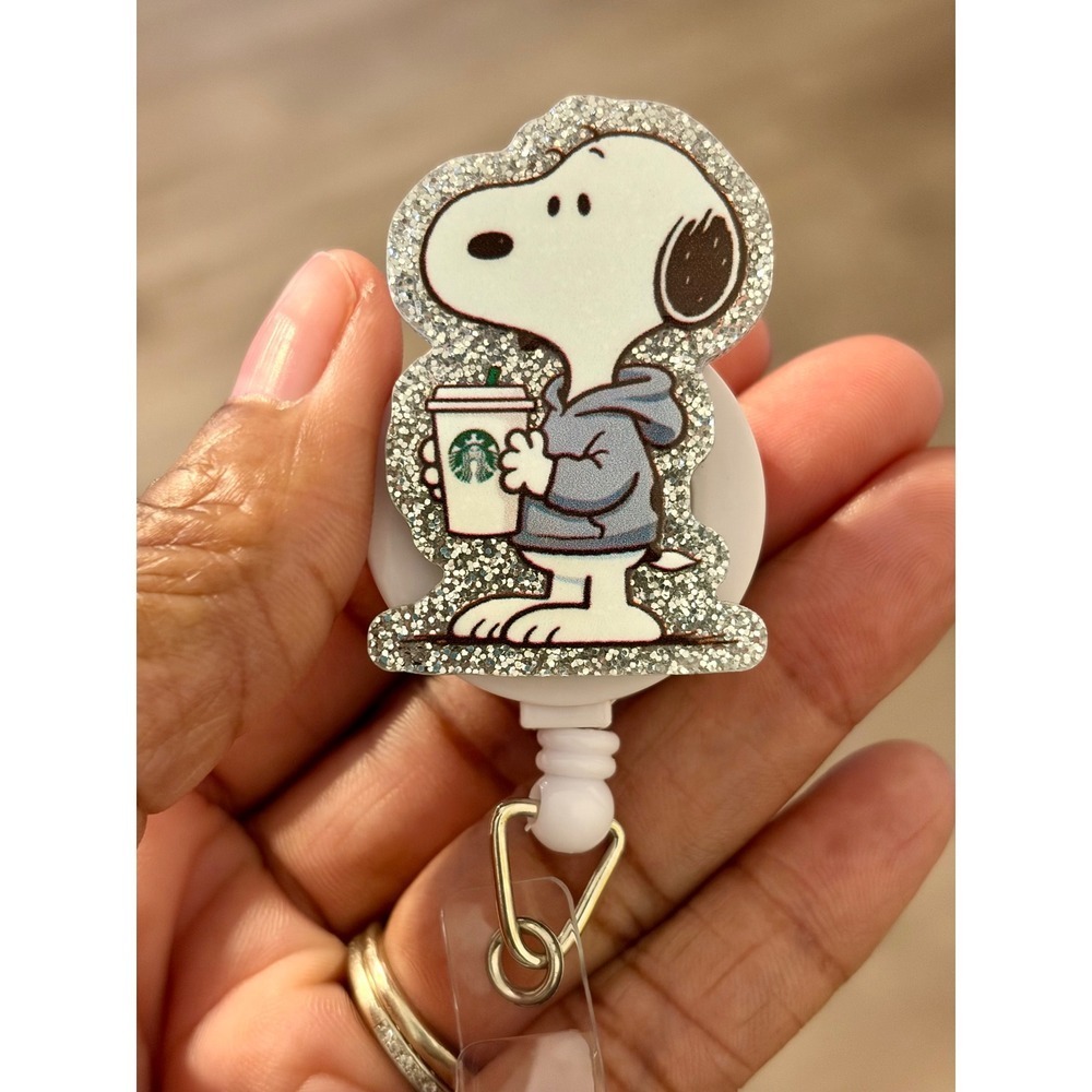 Snoopy Peanuts Glitter Badge Reel Retractable ID Holder Coffee Hoodie Nurse Gift